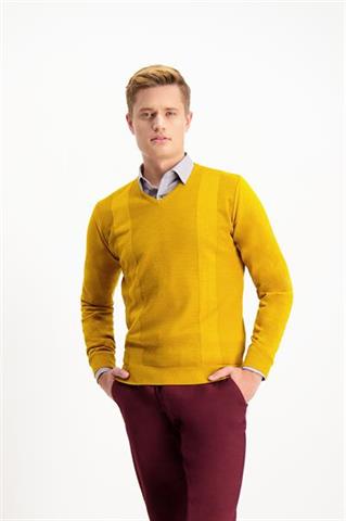 Musztardowy męski sweter V-Neck 73811 - 198081
